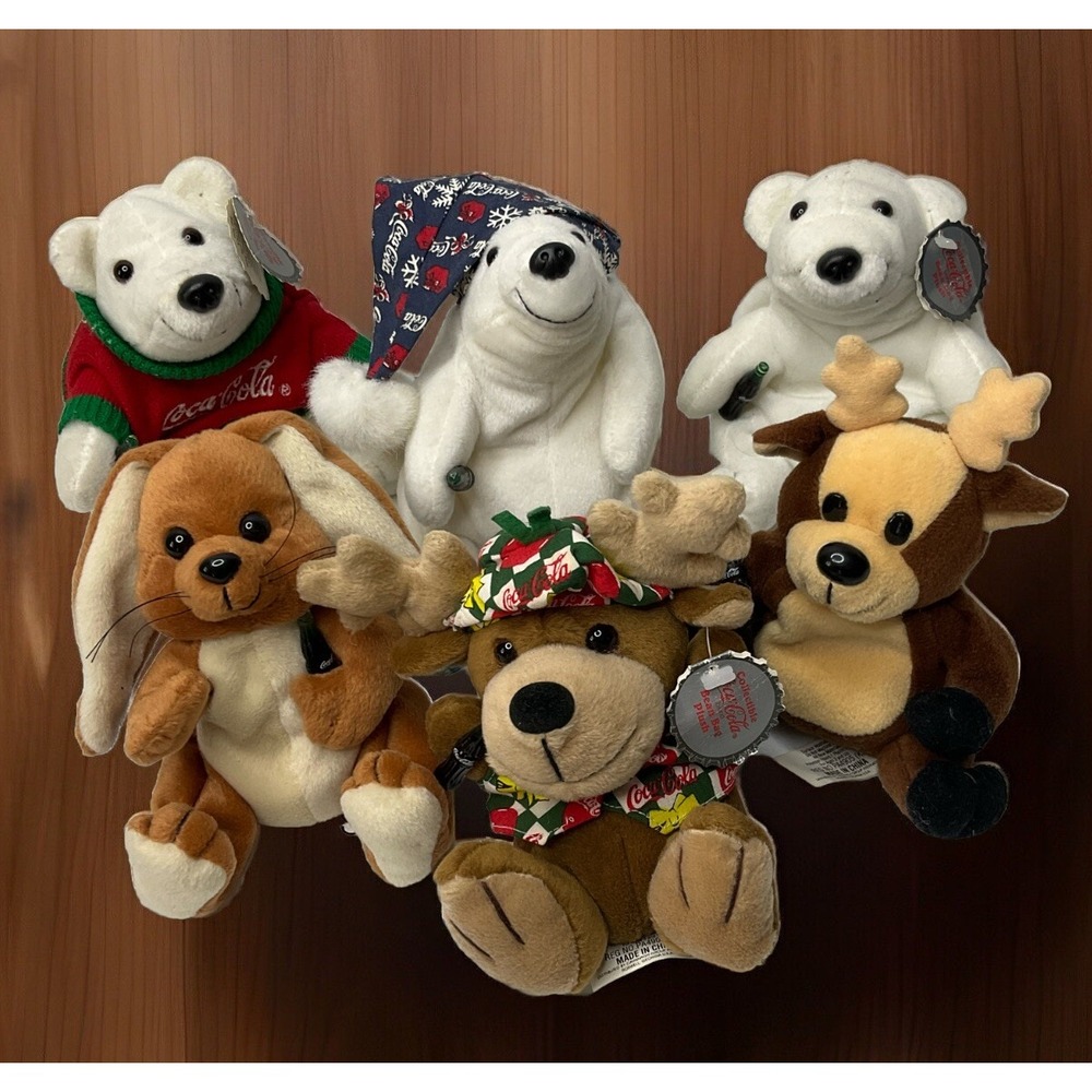 Coca-Cola Plush Bean Bag Animals Set Lot of 6 International Edition‎ 90s Vintage